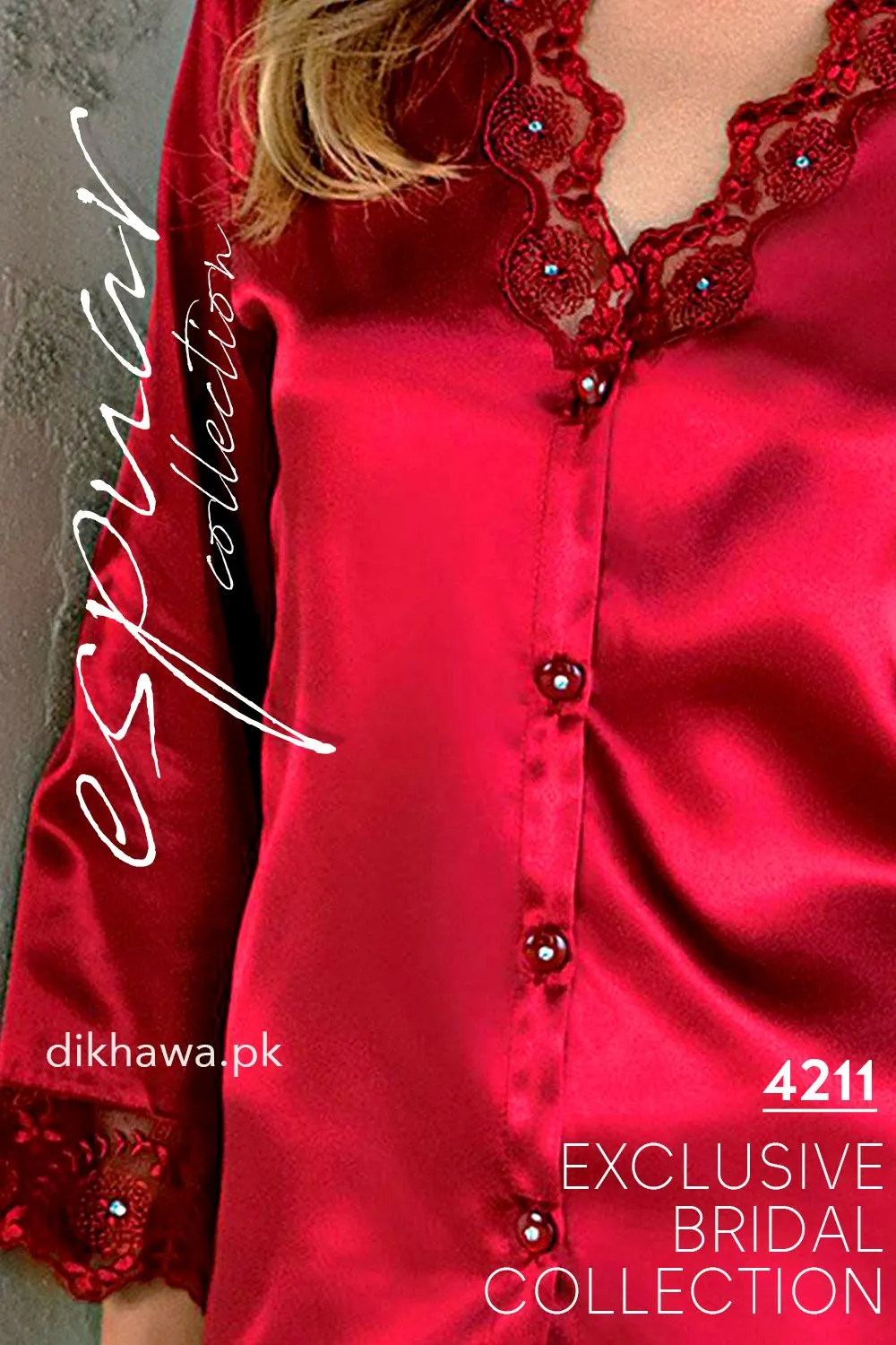 Espuar - Exclusive Bridal Wedding Honeymoon 2Pc Nightdress & Pajama Set Maroon 4211 - Turkish Brand