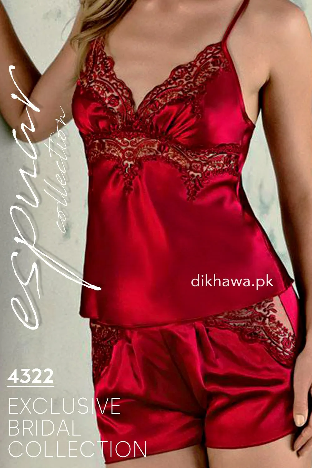 Espuar - Exclusive Bridal Wedding Honeymoon 2Pc Short Nighty Cami Set Maroon 4322 - Turkish Brand