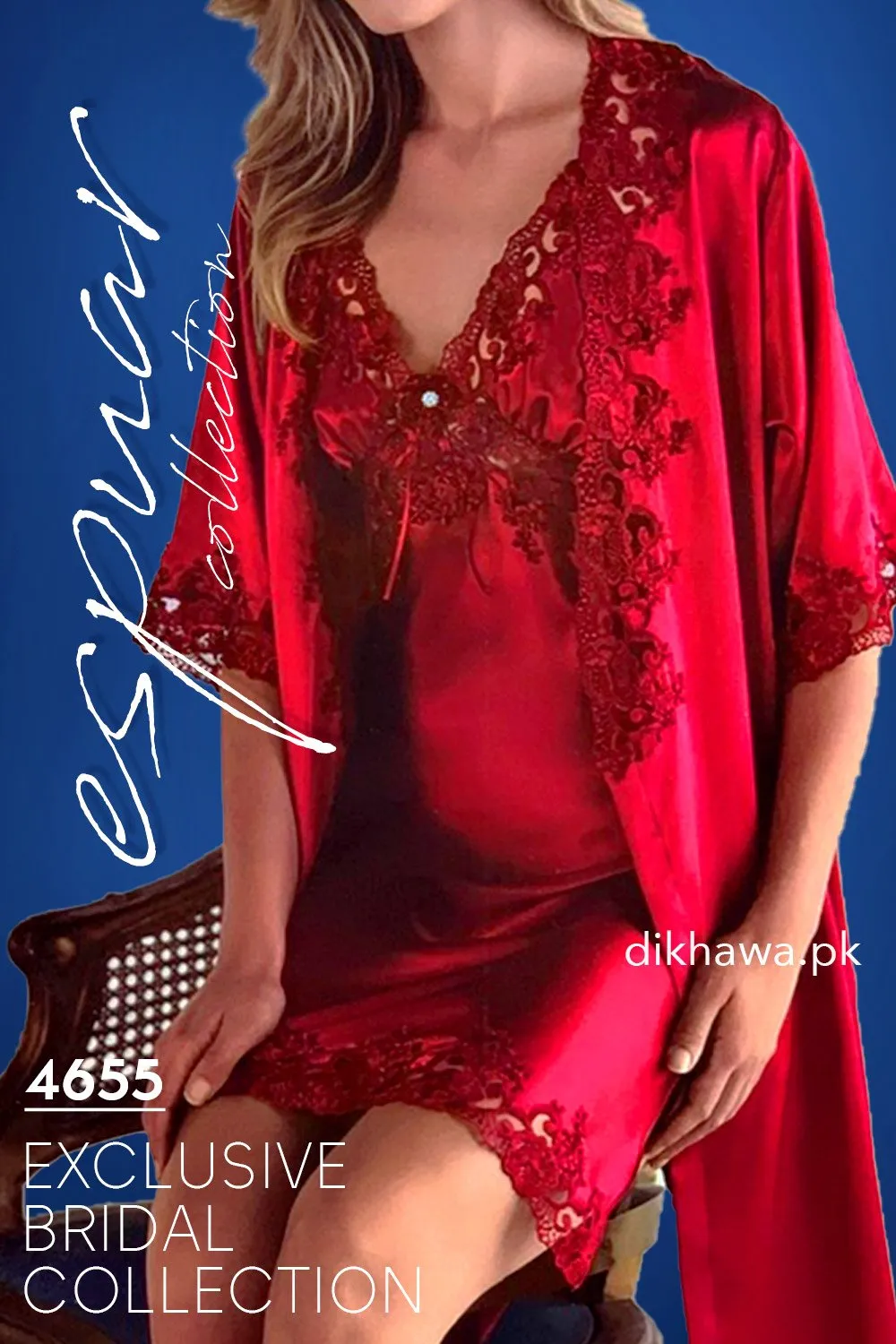 Espuar - Exclusive Bridal Wedding Honeymoon 2Pc Short Nighty Set Maroon 4655 - Turkish Brand