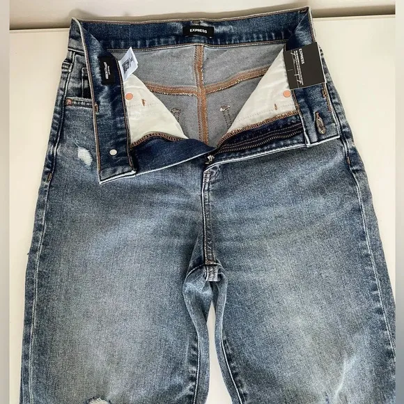 Express Modern Straight Leg Super High Rise Distressed Blue Jeans Women’s 2S NWT