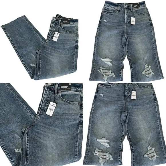Express Modern Straight Leg Super High Rise Distressed Blue Jeans Women’s 2S NWT