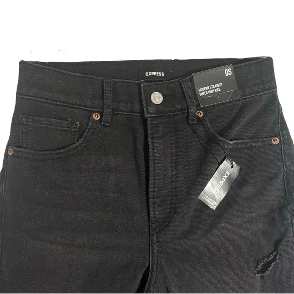Express Super High Waisted Black Ripped Straight Denim/Jeans Knew Cut Size 0S