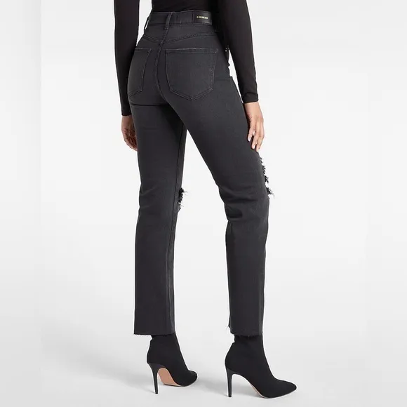 Express Super High Waisted Black Ripped Straight Denim/Jeans Knew Cut Size 0S