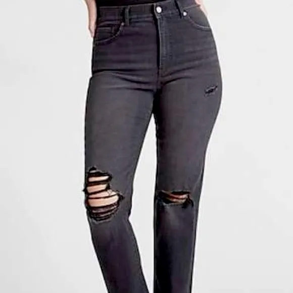 Express Super High Waisted Black Ripped Straight Denim/Jeans Knew Cut Size 0S