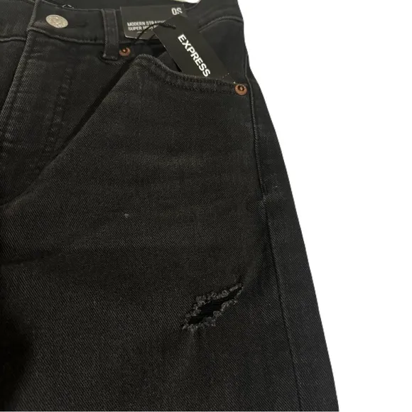Express Super High Waisted Black Ripped Straight Denim/Jeans Knew Cut Size 0S