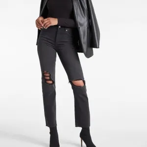 Express Super High Waisted Black Ripped Straight Denim/Jeans Knew Cut Size 0S