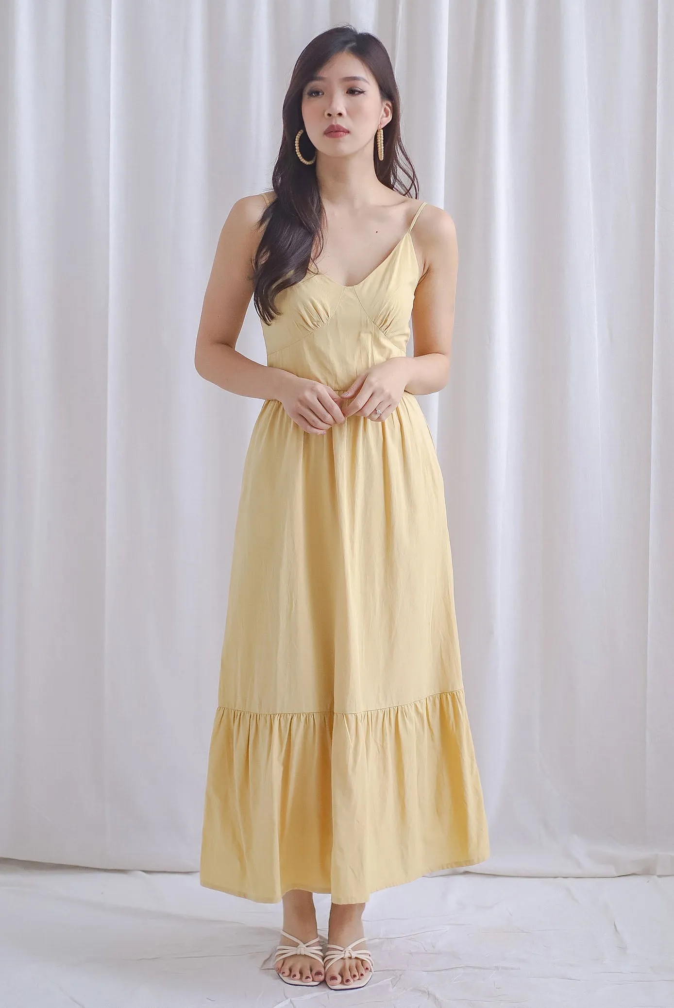Farrow Spaghetti Bustier Ruffle Maxi Dress In Yellow