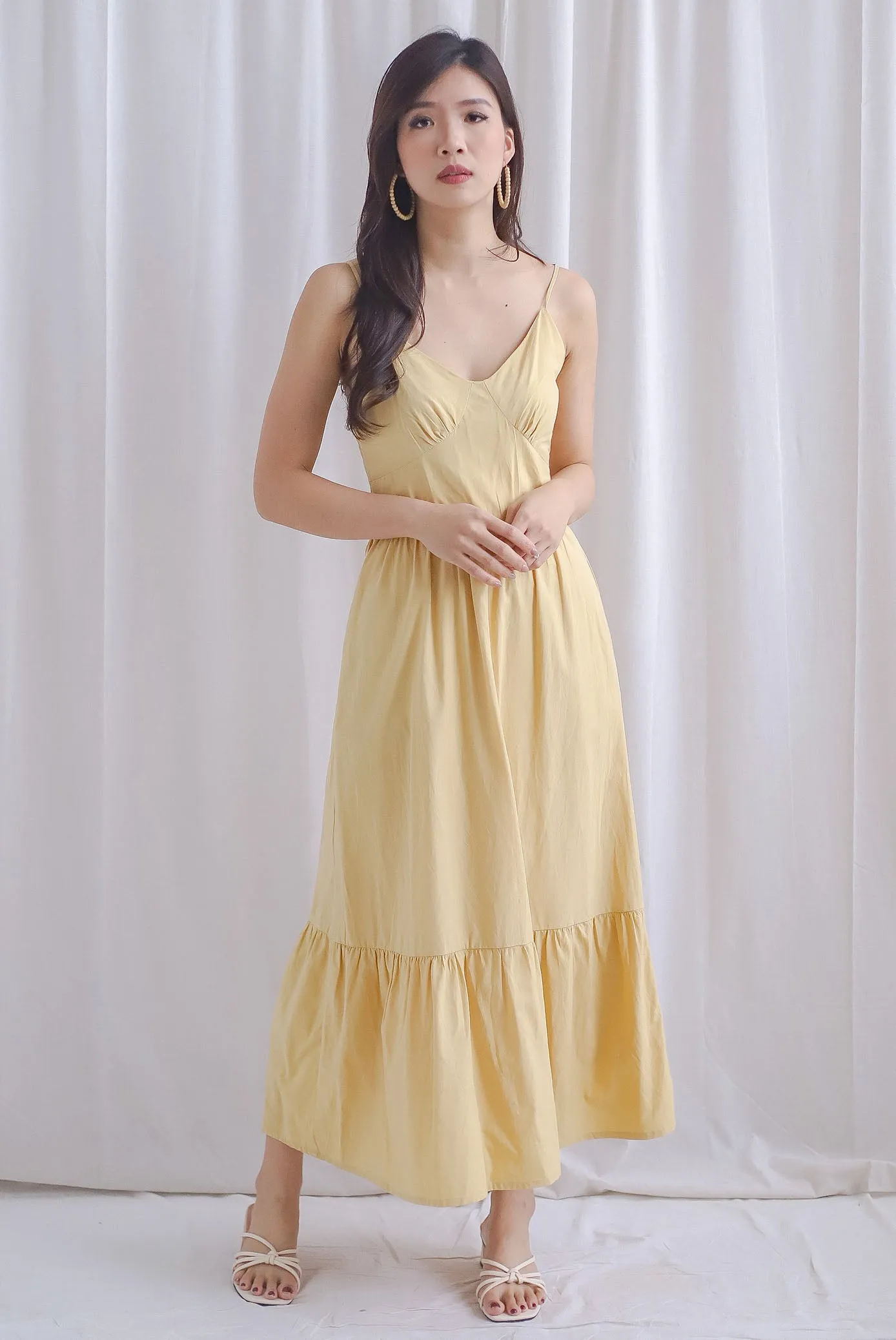Farrow Spaghetti Bustier Ruffle Maxi Dress In Yellow