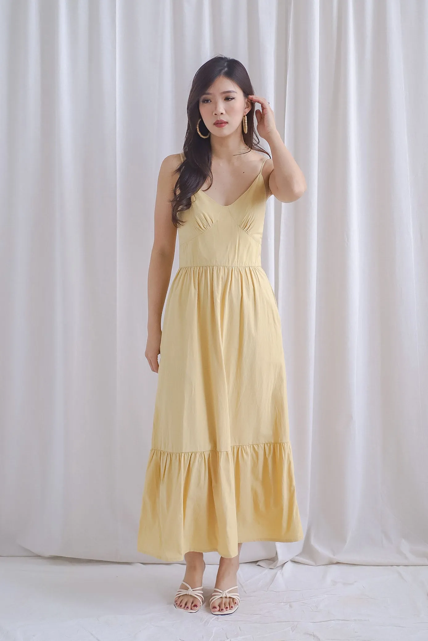 Farrow Spaghetti Bustier Ruffle Maxi Dress In Yellow