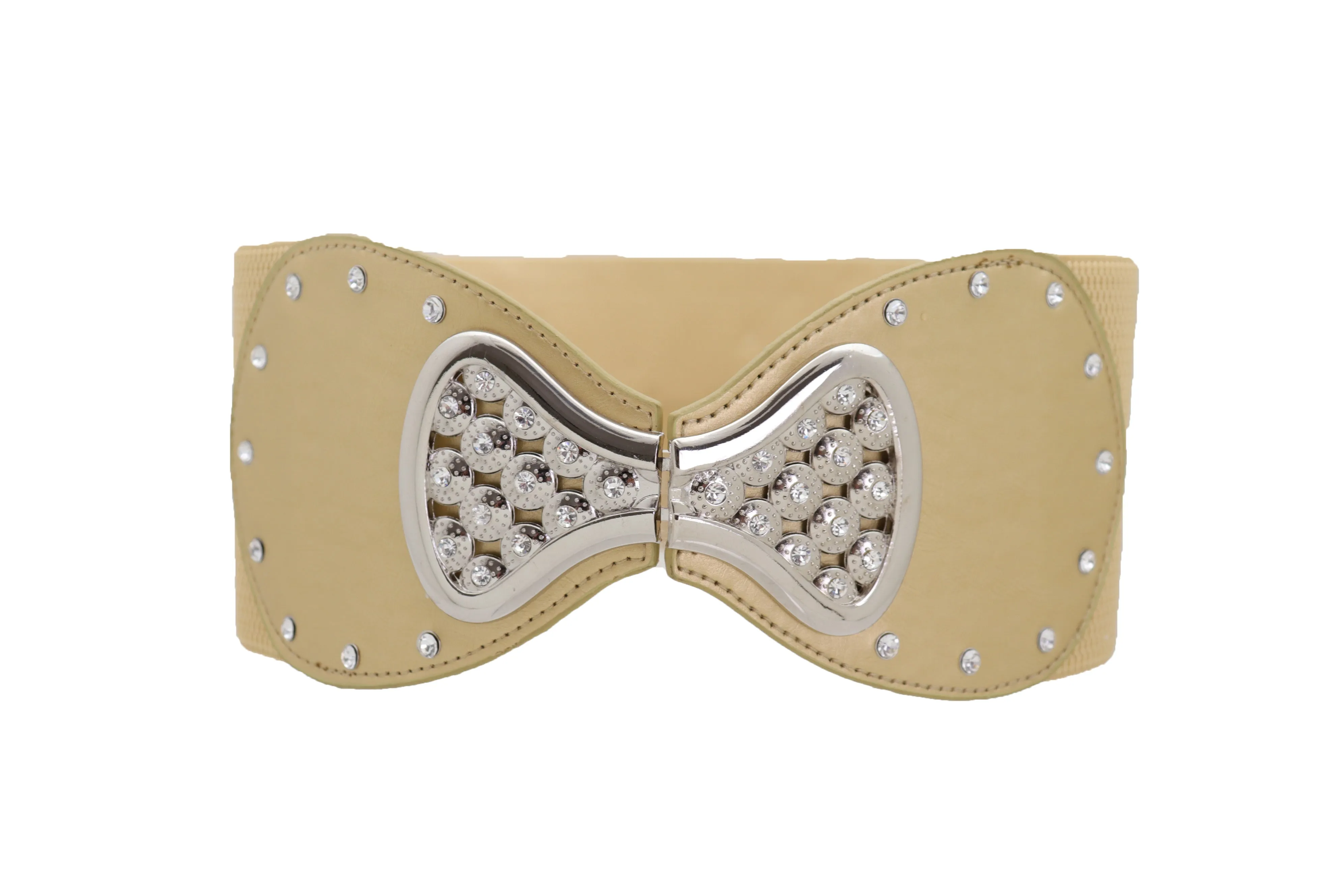 Fashion Belt Hip High Waist Gold Wide Elastic Silver Bow Tie Buckle S M