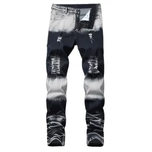 Fashion Men's Ripped Jeans Comfy Straight Pants Mid Waisted Jeans