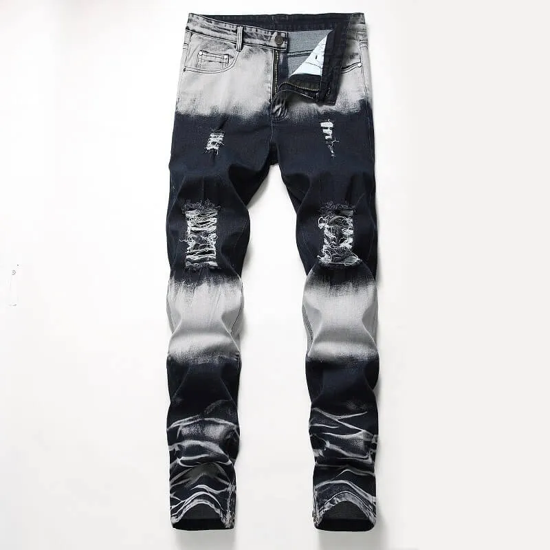 Fashion Men's Ripped Jeans Comfy Straight Pants Mid Waisted Jeans