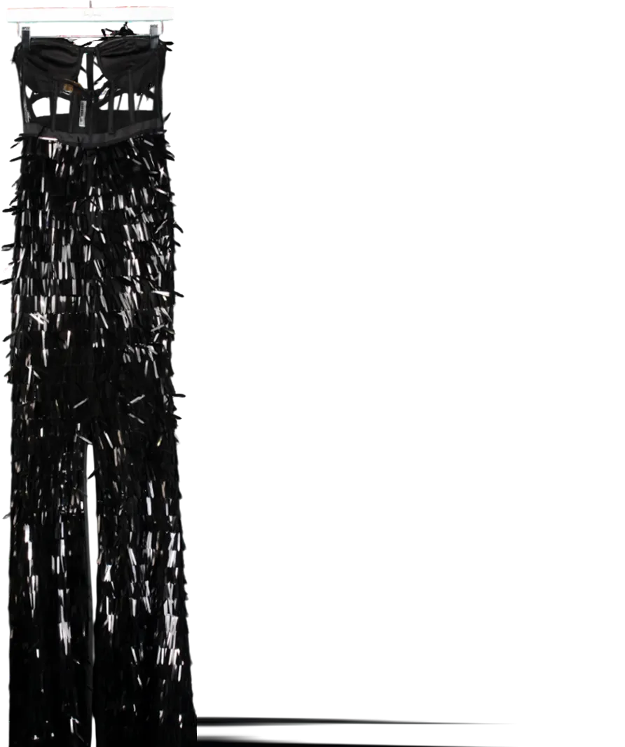 Fashion Nova Black Strapless Fringe Sequin Maxi Dress UK S