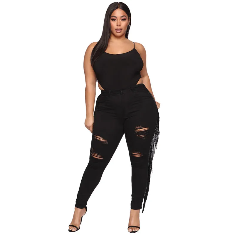Fashion Women's Fringed Jeans Black Ripped Elasticity Pencil Pants