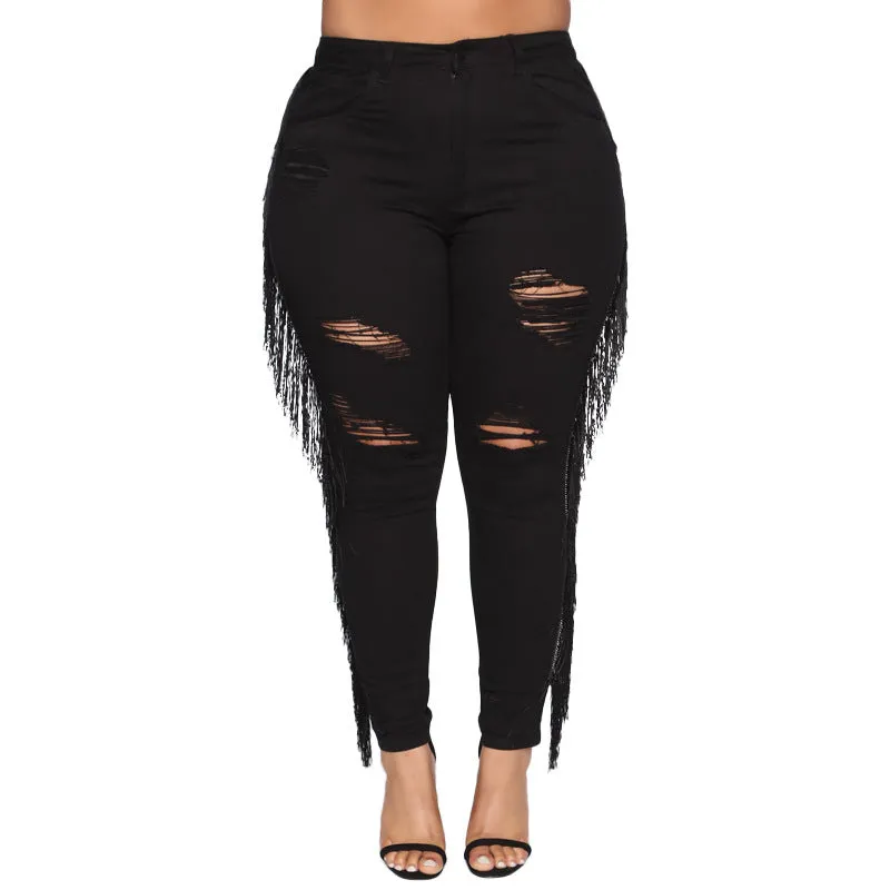 Fashion Women's Fringed Jeans Black Ripped Elasticity Pencil Pants