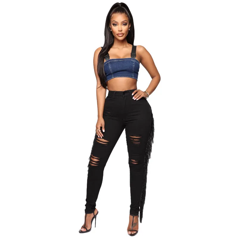 Fashion Women's Fringed Jeans Black Ripped Elasticity Pencil Pants