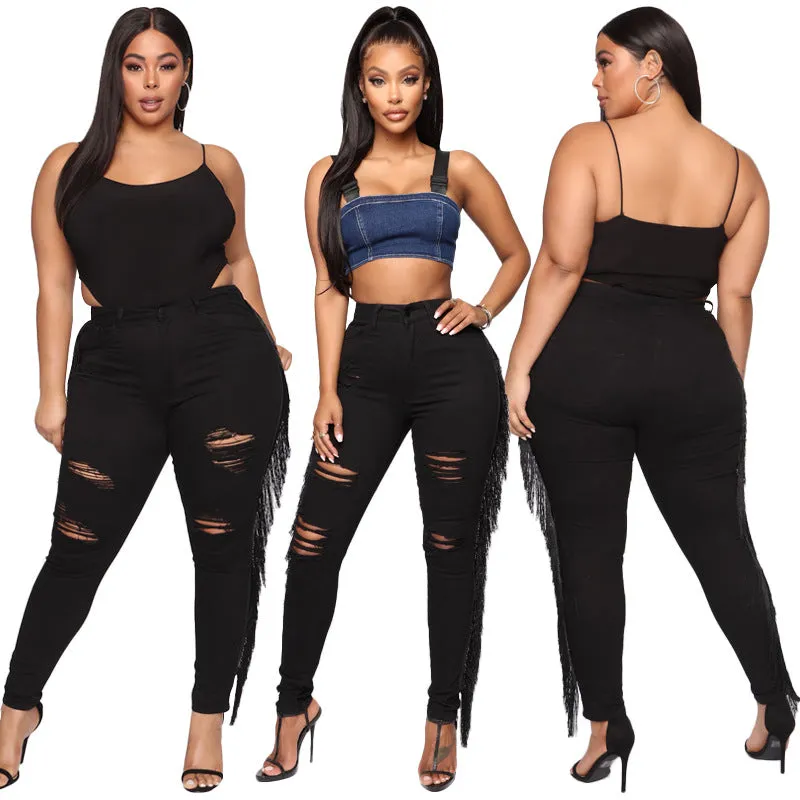 Fashion Women's Fringed Jeans Black Ripped Elasticity Pencil Pants