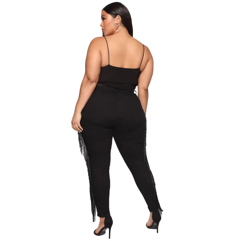 Fashion Women's Fringed Jeans Black Ripped Elasticity Pencil Pants