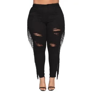 Fashion Women's Fringed Jeans Black Ripped Elasticity Pencil Pants