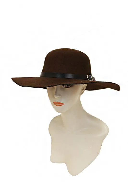 Faux Leather Buckle Belt Detailed Felt Floppy Sun Hat