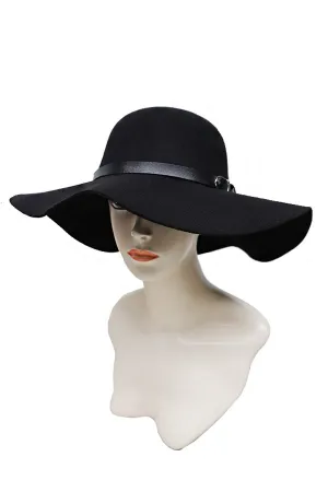 Faux Leather Buckle Belt Detailed Felt Floppy Sun Hat