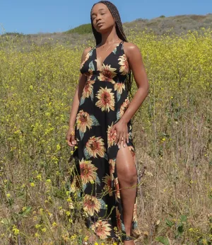 Field Of Gold Sunflower Maxi Dress(Black)