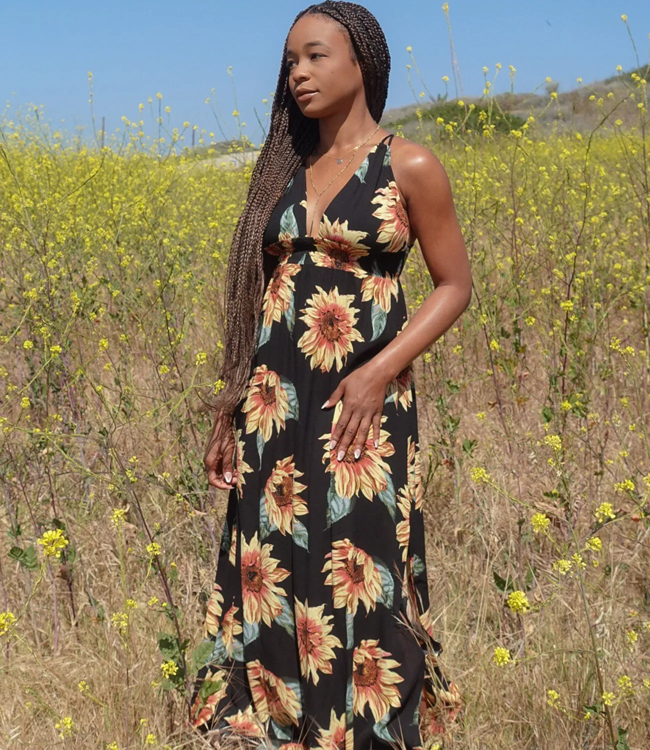 Field Of Gold Sunflower Maxi Dress(Black)