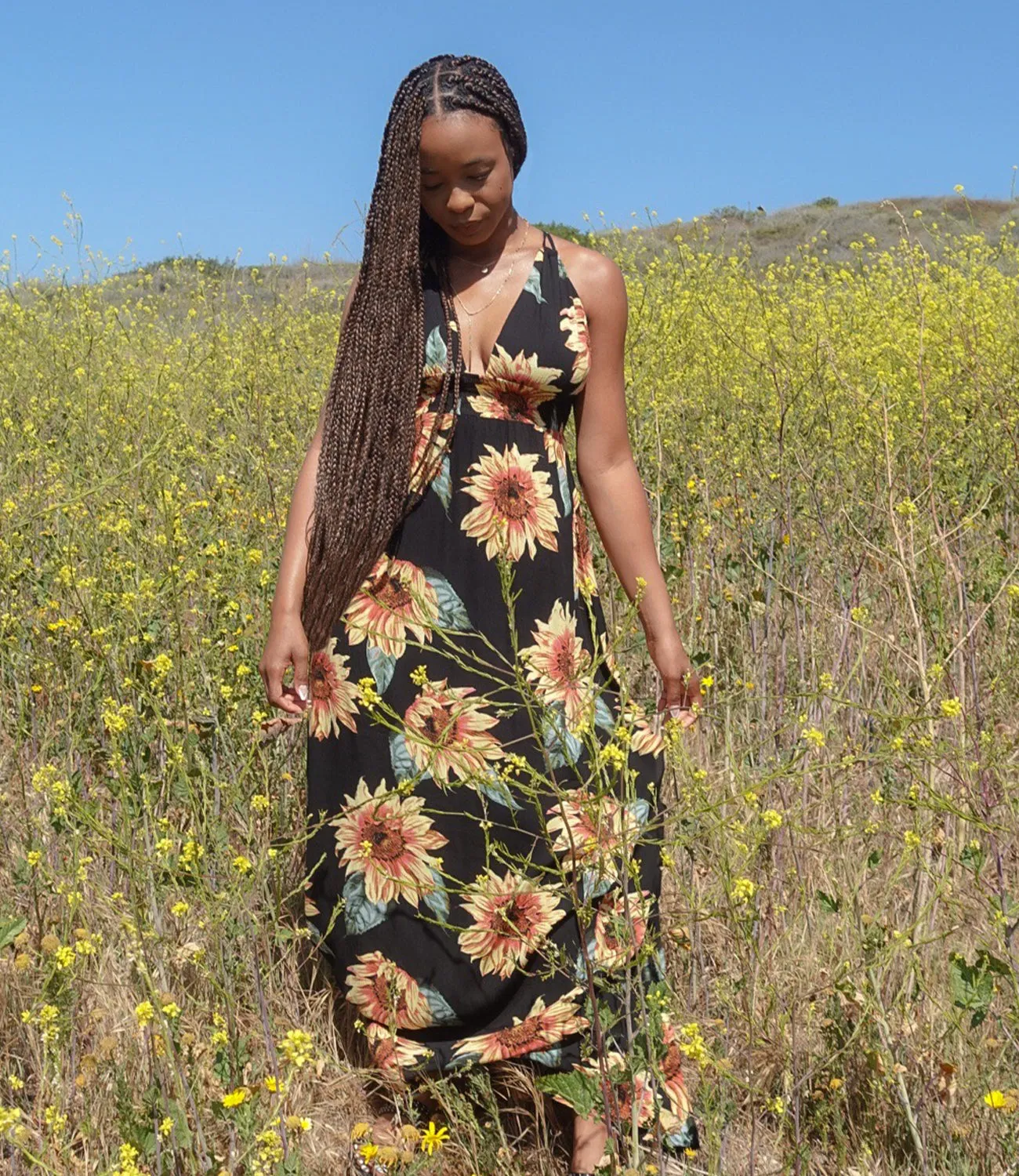 Field Of Gold Sunflower Maxi Dress(Black)