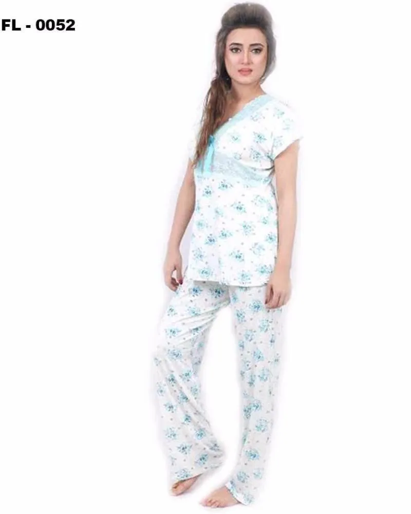 FL-0052 White With Blue Flower Print Flourish 2Pc - Women Nightdress