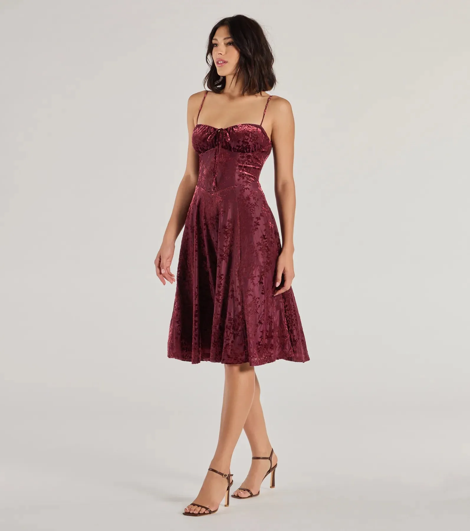 Floral Beauty Velvet Flocked Mesh Midi Dress