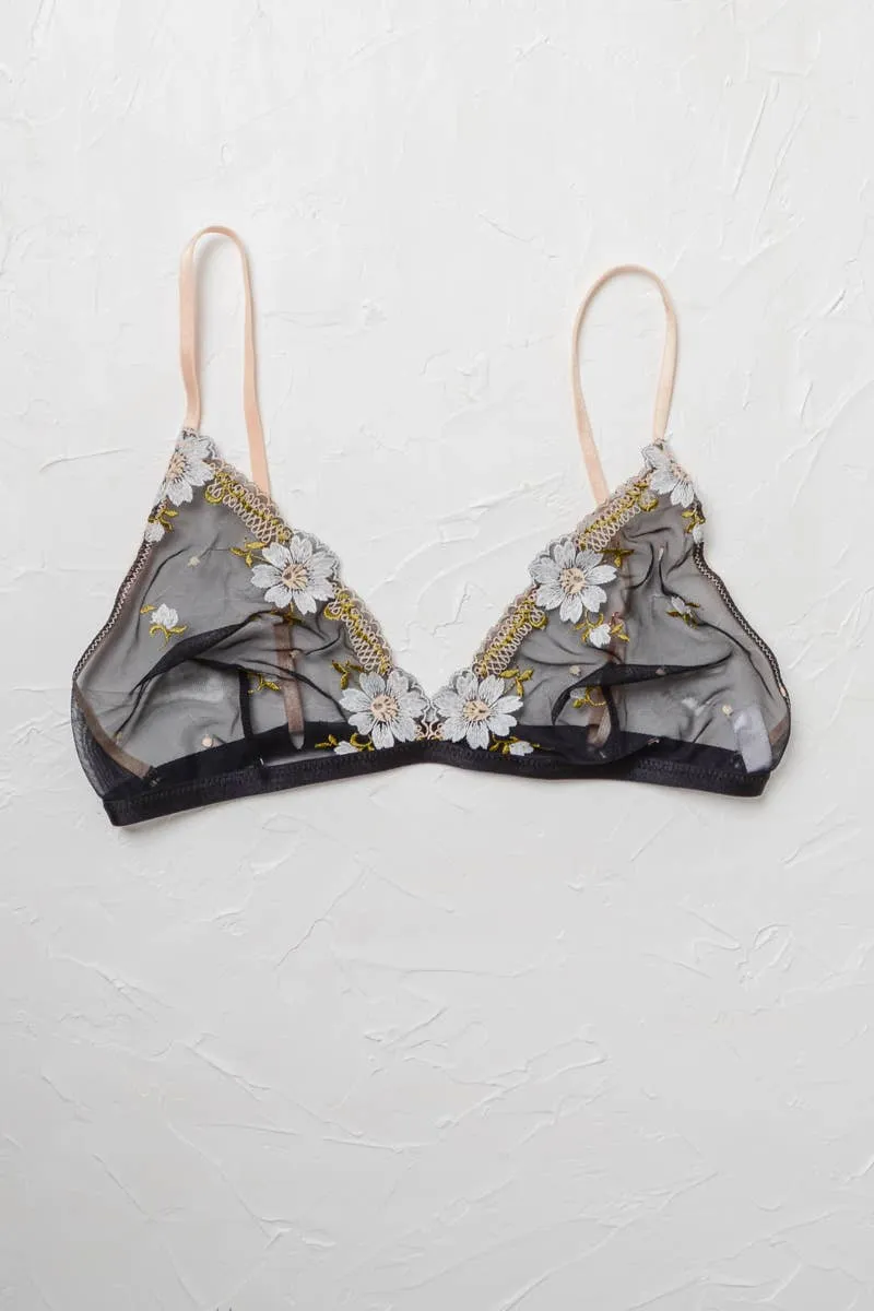 Floral Embroidered Mesh Lingerie Bralette: Black