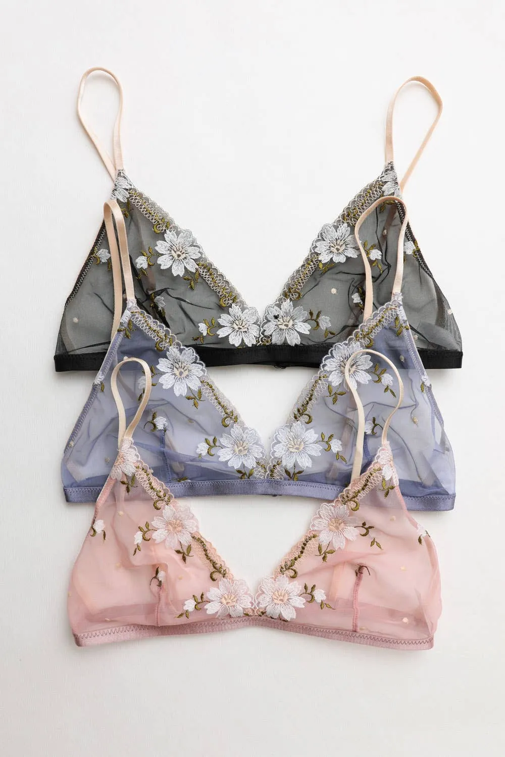 Floral Embroidered Mesh Lingerie Bralette: Black