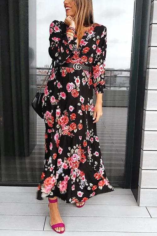 Floral Print Long Sleeve Wrap Dress