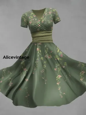 Floral Print V-Neck Short Sleeve Vintage Midi Dress