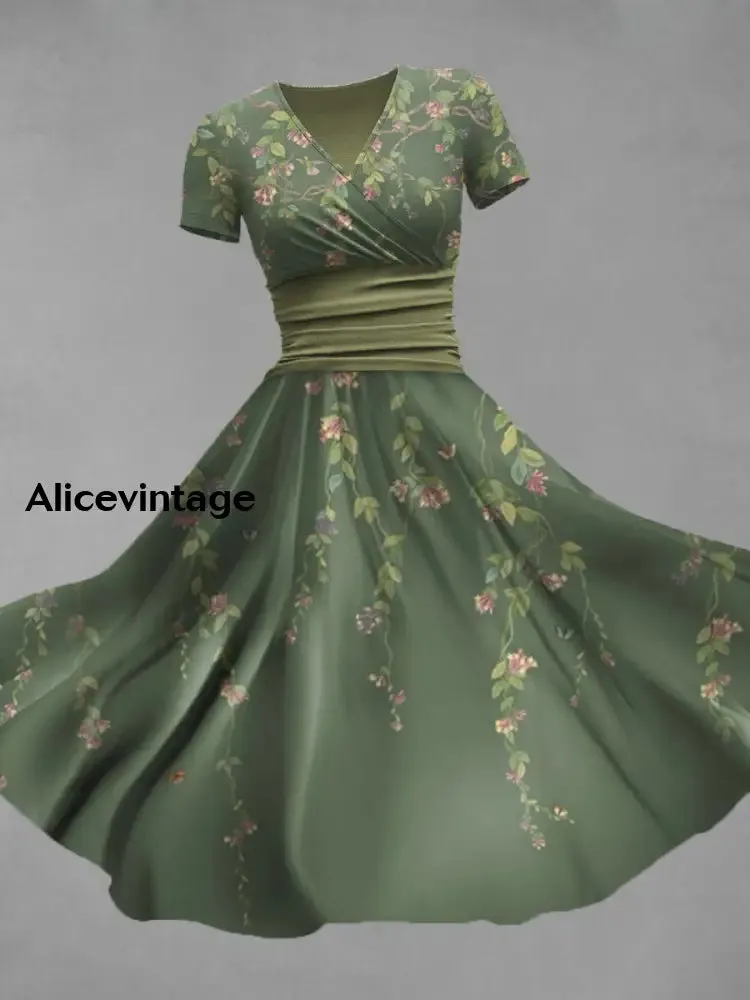 Floral Print V-Neck Short Sleeve Vintage Midi Dress