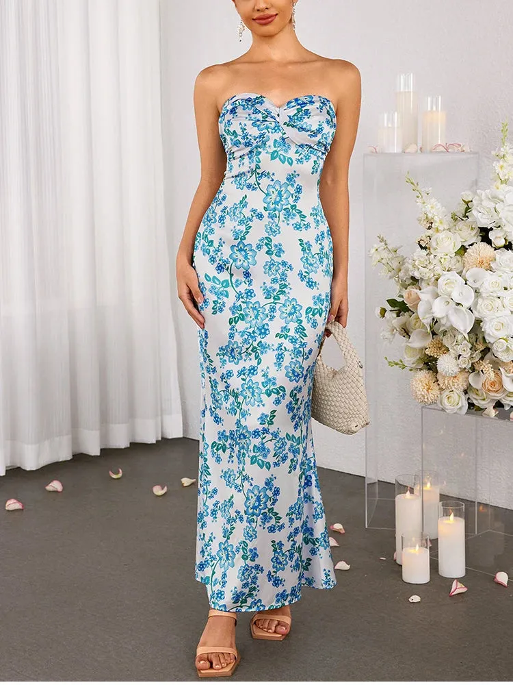 Floral Strapless Front Cross Maxi Dress