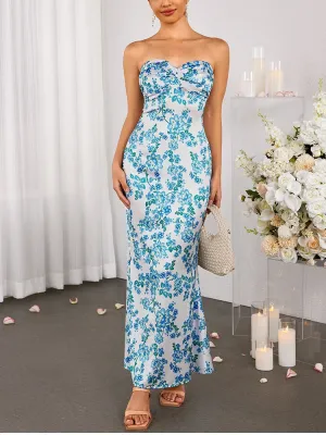 Floral Strapless Front Cross Maxi Dress