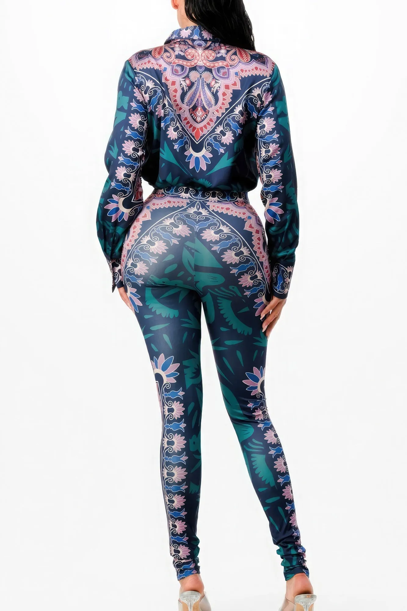 Floral Stretch Shirt Blouse Top And Bottom Set