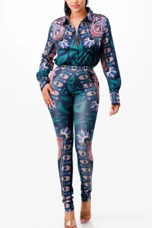 Floral Stretch Shirt Blouse Top And Bottom Set