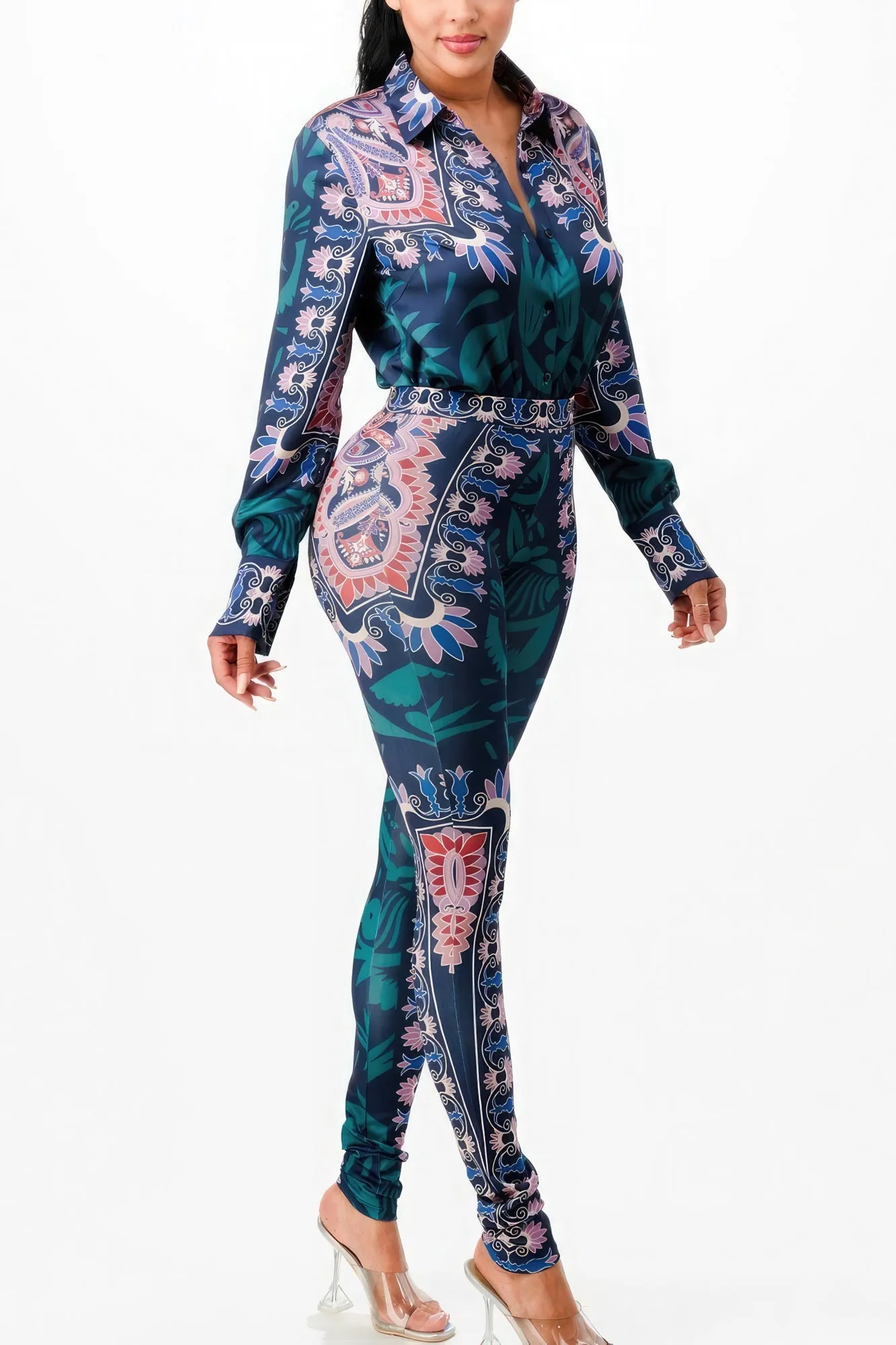 Floral Stretch Shirt Blouse Top And Bottom Set