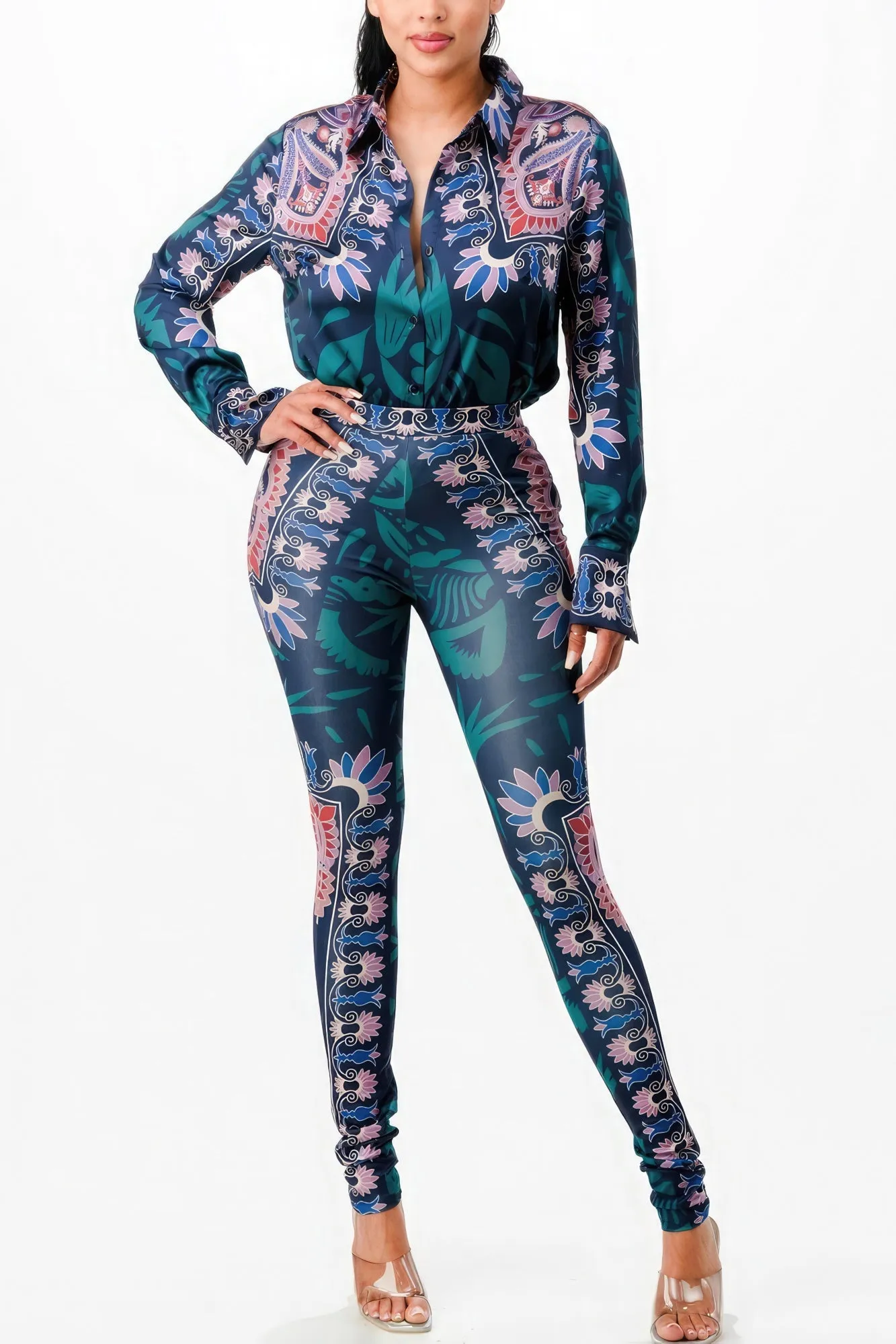 Floral Stretch Shirt Blouse Top And Bottom Set
