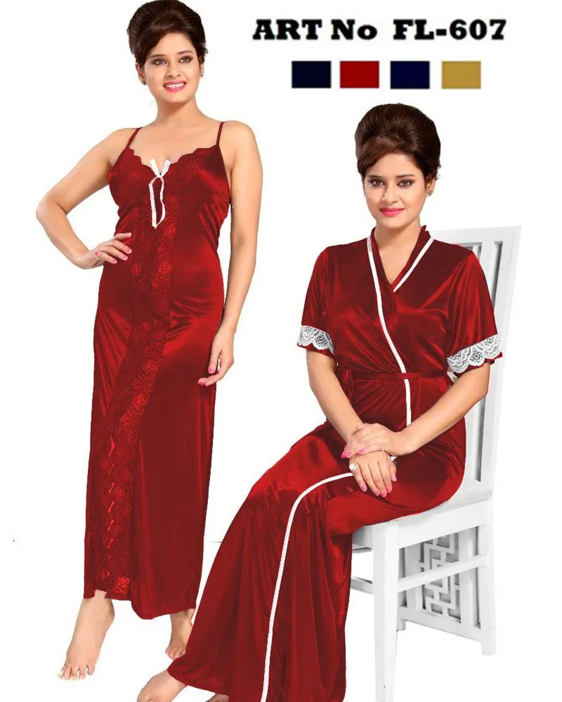 Flourish Nighty FL-607 - 2Pcs Bridal Nighty Set - Long Nighty
