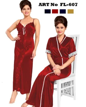 Flourish Nighty FL-607 - 2Pcs Bridal Nighty Set - Long Nighty