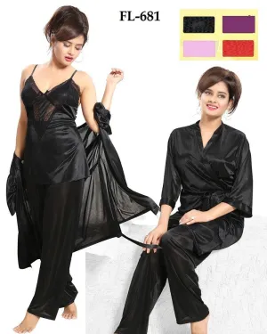 Flourish Nighty FL-681 - 3Pcs Bridal Nighty Set - Long Nighty