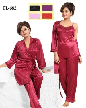 Flourish Nighty FL-682 - 3Pcs Bridal Nighty Set - Long Nighty