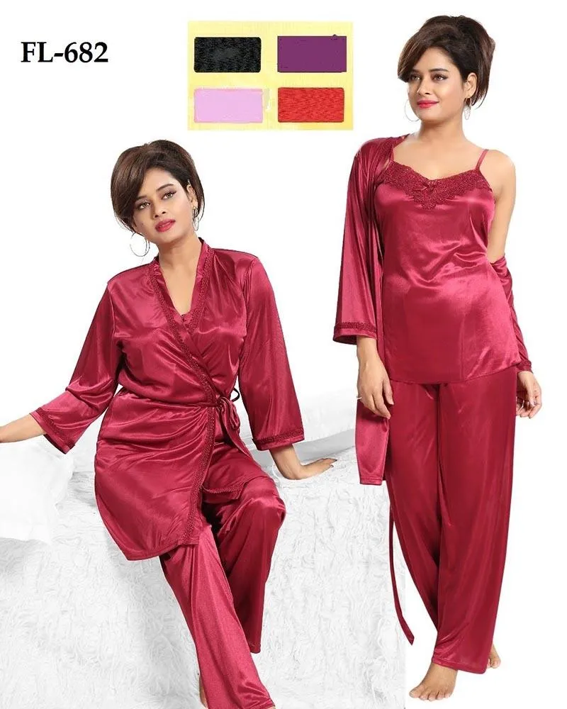 Flourish Nighty FL-682 - 3Pcs Bridal Nighty Set - Long Nighty