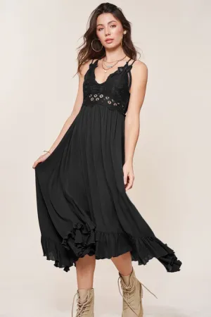 FLOWERCHILD BLACK V-NECK MAXI DRESS WITH LACE DETAILS