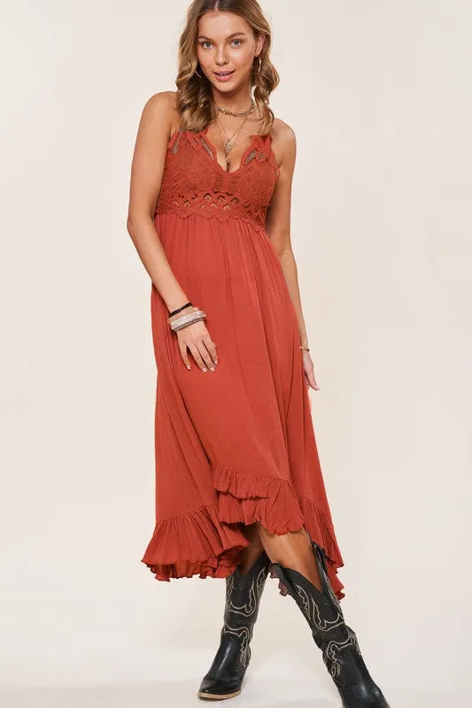 FLOWERCHILD BLACK V-NECK MAXI DRESS WITH LACE DETAILS