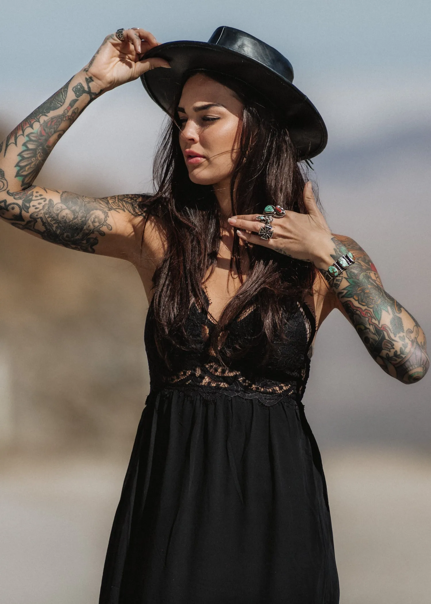 FLOWERCHILD BLACK V-NECK MAXI DRESS WITH LACE DETAILS