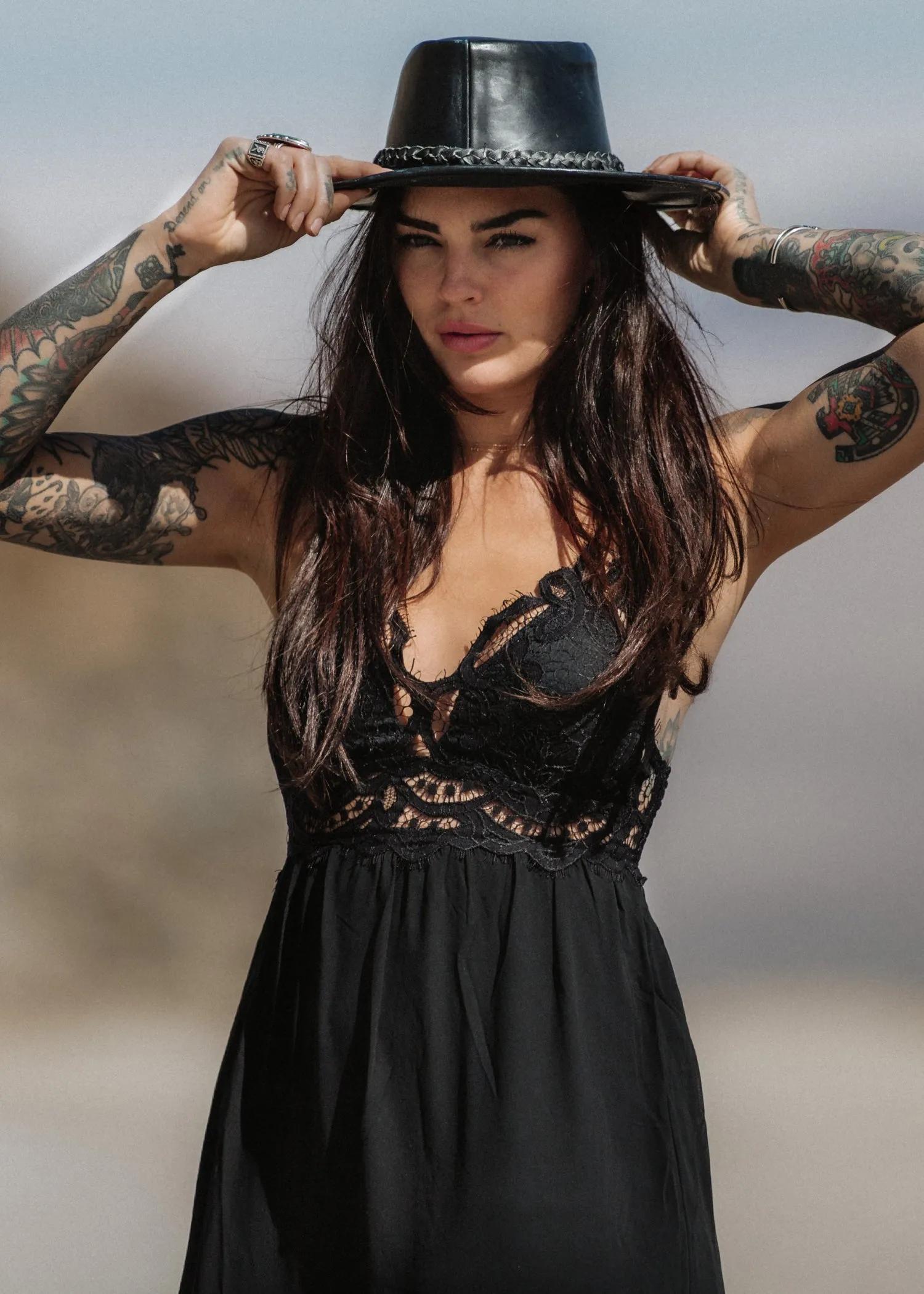 FLOWERCHILD BLACK V-NECK MAXI DRESS WITH LACE DETAILS